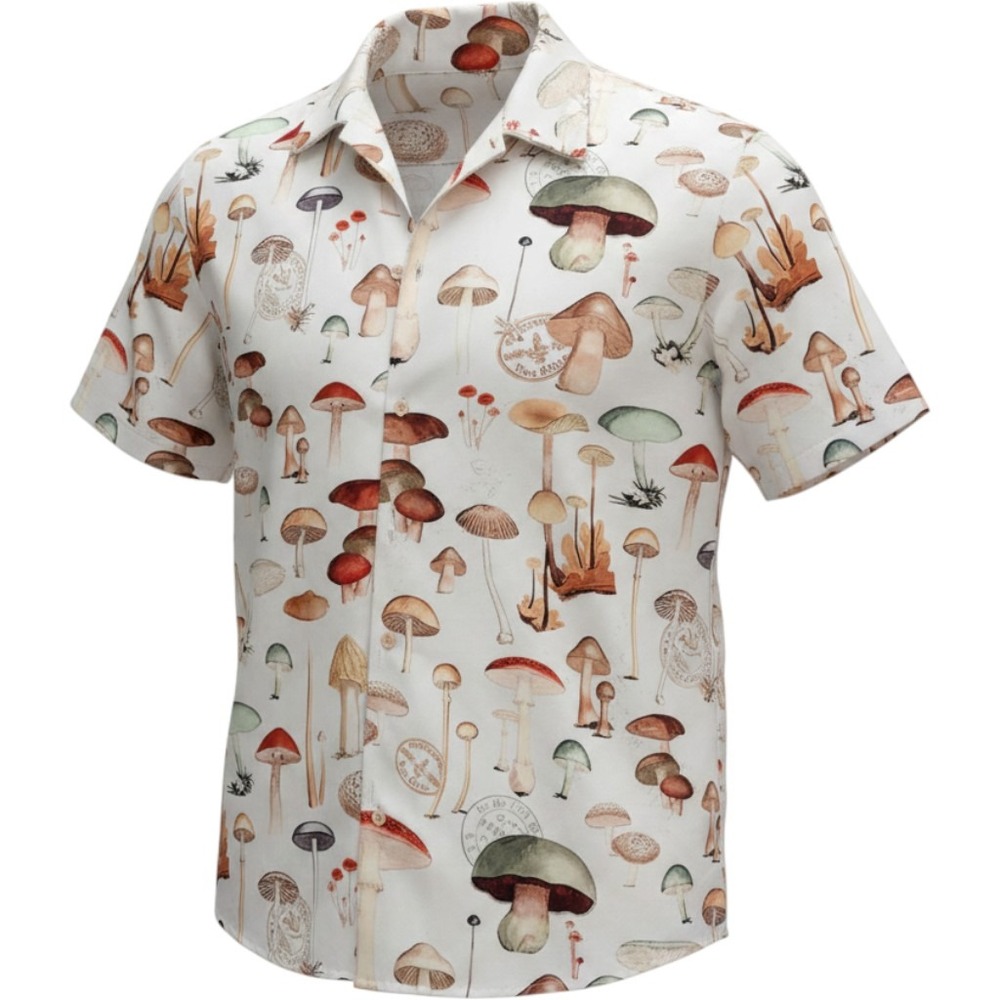 Mushroom Print Button Down Shirt Short Sleeve Camp Collar Cottagecore Cream